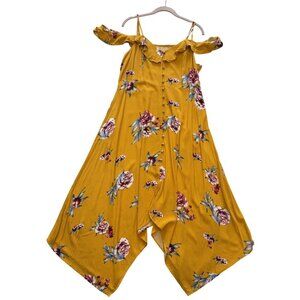 Yellow Floral Off-Shoulder Ruffle Asymmetrical Dress Large Spaghetti Straps